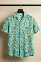 Medallion — Teal Ajrakh Cotton Shirt by Hilo Design | Grocsy