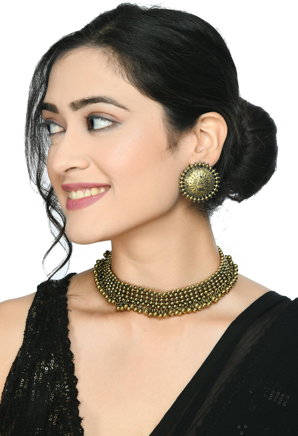 Mominos Fashion Johar Kamal Oxidised Gold-Polished Brass Finish Ghungroo Design Choker Set | Grocsy