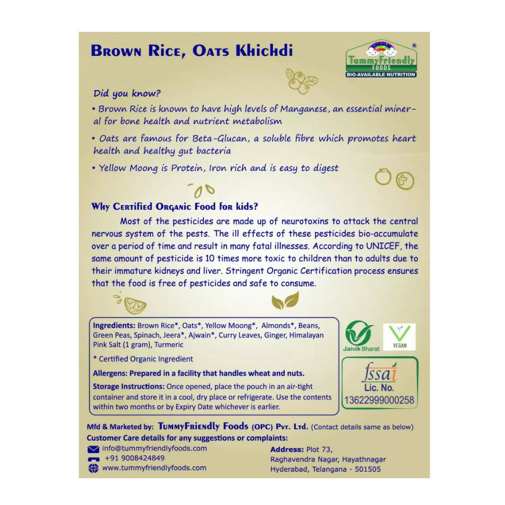 TummyFriendly Foods Organic Brown Rice, Oats Khichdi Mix for Toddler, 1 Year | Grocsy