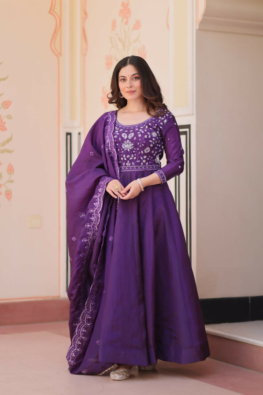 Teeya Creation Womens New Simple Gold Crush With Beads Embroidery-Work Gown Set | Grocsy