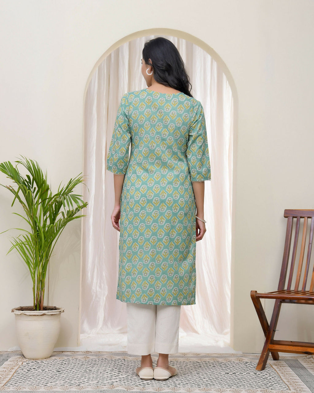 Vaasva Women Aqua Cotton Printed Straight Kurti With Pant | Grocsy
