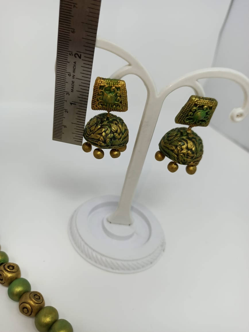 Terracotta Green and Gold Kerala Style Rowing Boat Pendant Long Necklace Set with Temple Earrings | Grocsy