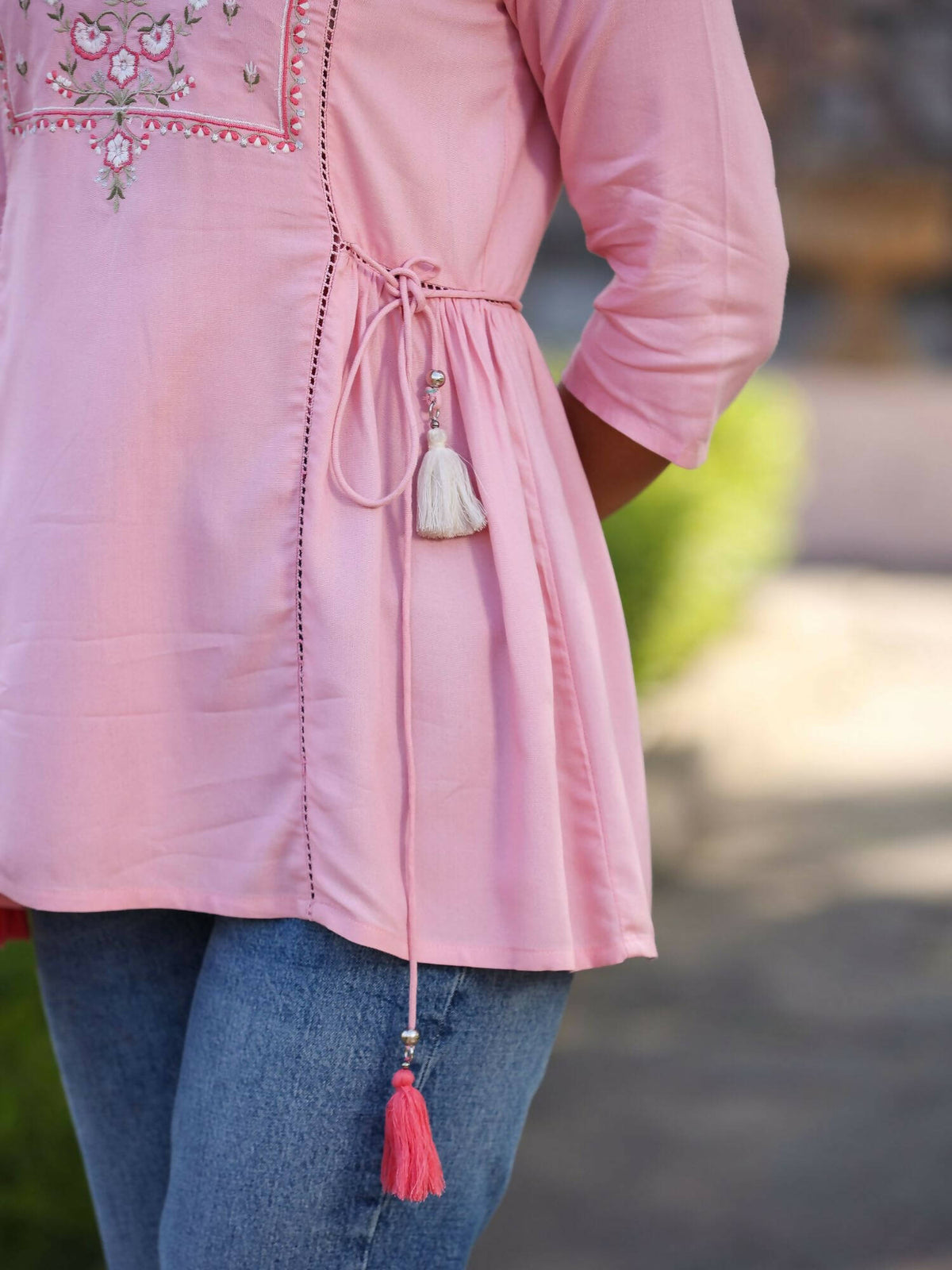 Juniper Women's Pink Rayon Staple Solid With Embroidery Straight Tunic | Grocsy