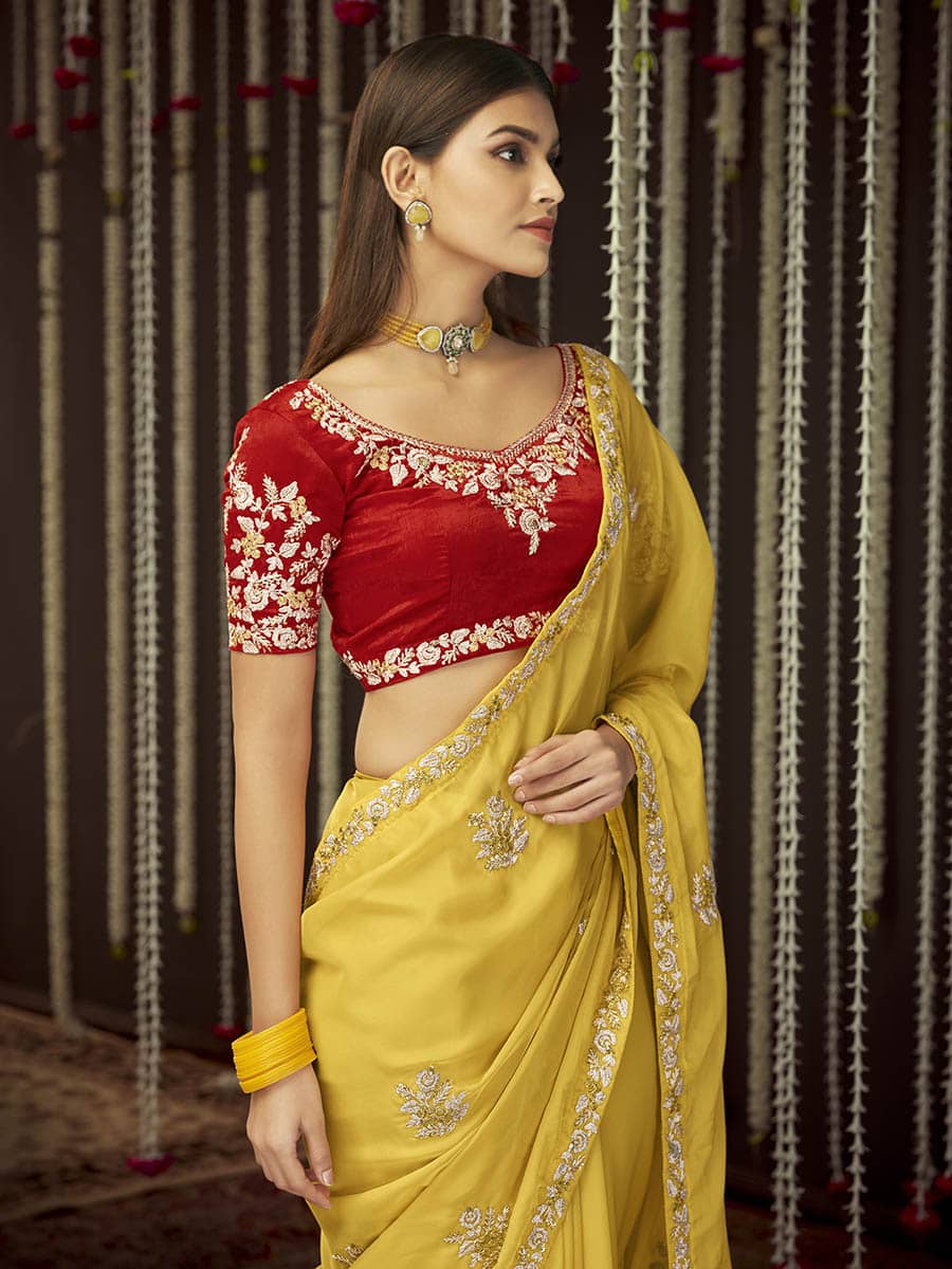 Myra Mustard Art Silk Heavy Embroidered Designer Saree | Grocsy