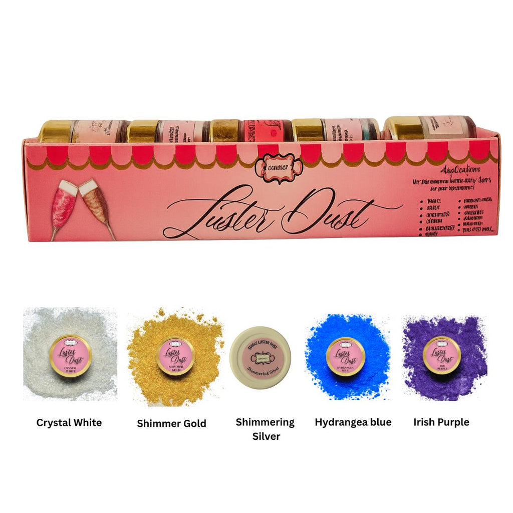 Confect Edible Luster Dust – Pack of 5 | Silver, Gold, Crystal, Blue, Purple | | Grocsy