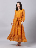 Souchii Yellow Floral Layered Chiffon Maxi Dress | Grocsy