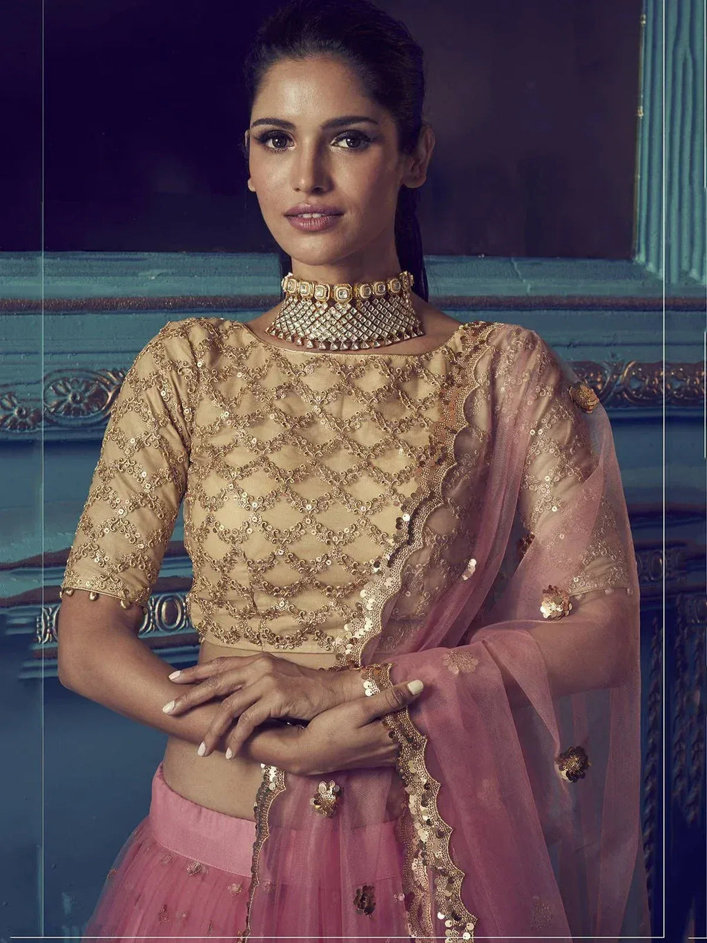 Tulsi Art Pink Beige Sequins Net Wedding Wear Lehenga Choli With Dupatta | Grocsy