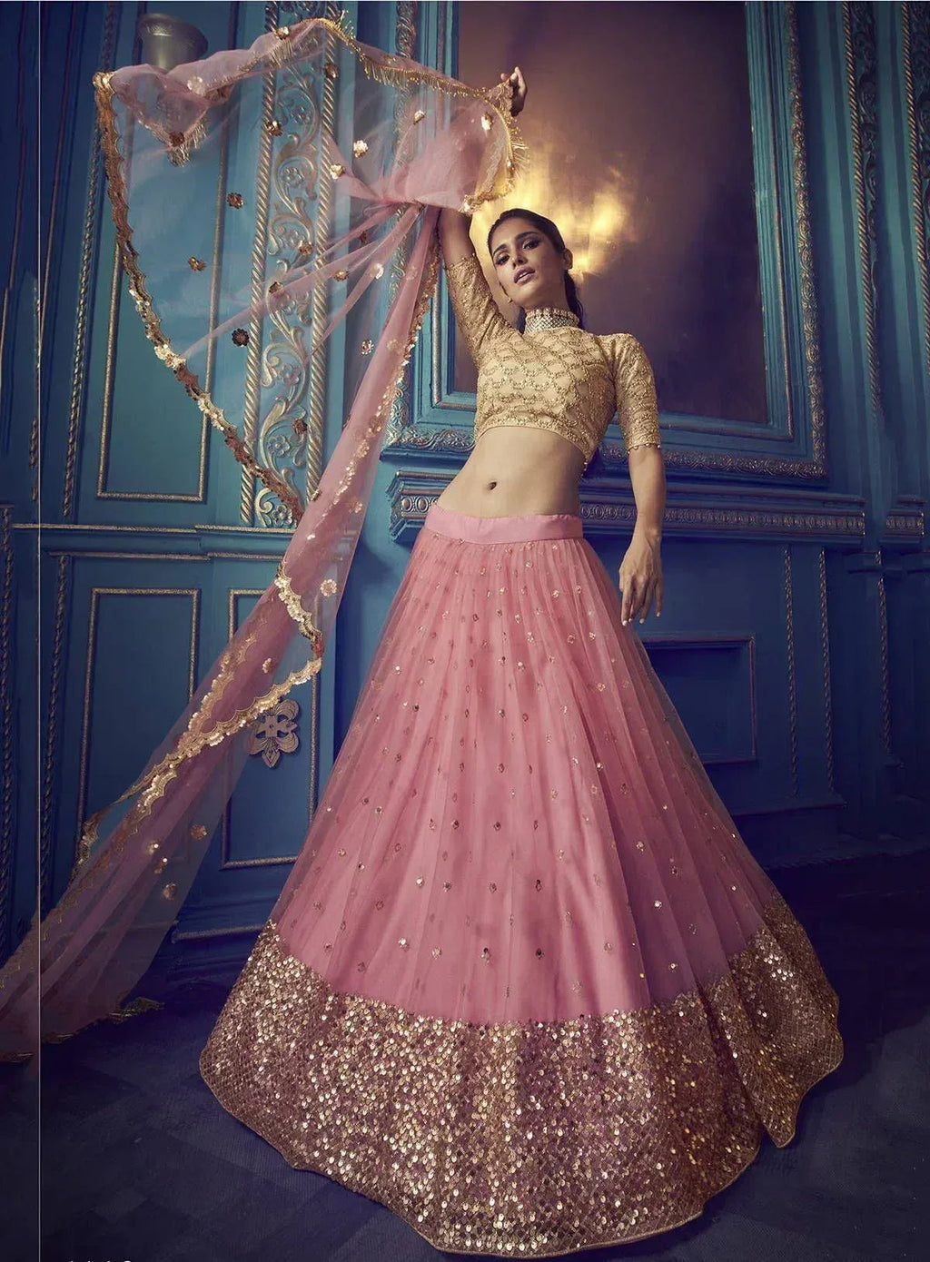 Tulsi Art Pink Beige Sequins Net Wedding Wear Lehenga Choli With Dupatta | Grocsy