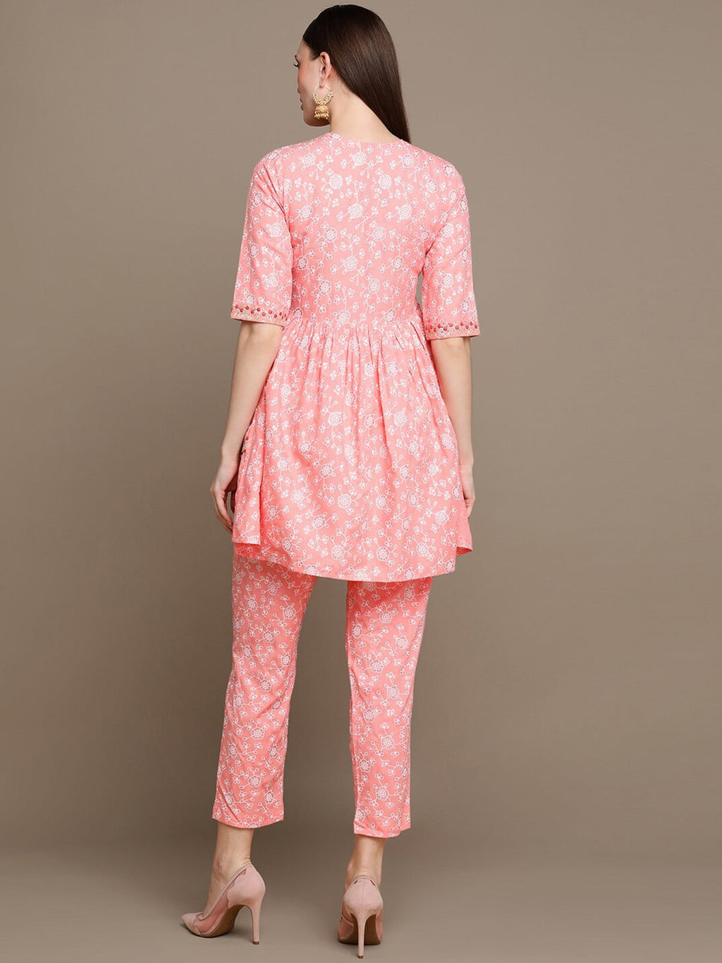 HERE&NOW Floral Printed Embroidered Sequinned High-Low Kurti with Trouserss | Grocsy