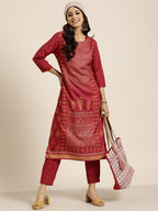Sangria Women Maroon Ethnic Motifs Printed Kurta with Trousers | Grocsy