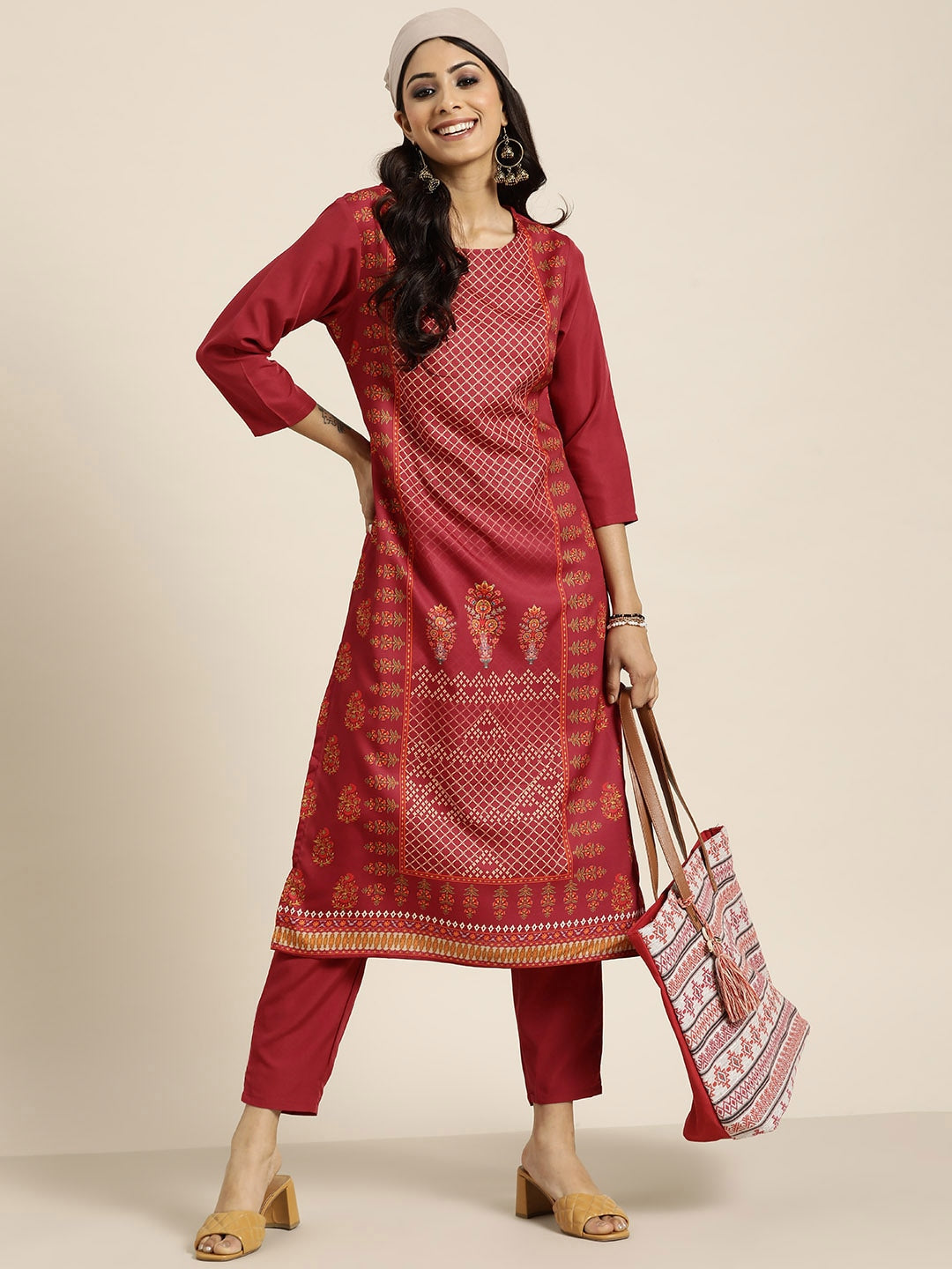 Sangria Women Maroon Ethnic Motifs Printed Kurta with Trousers | Grocsy