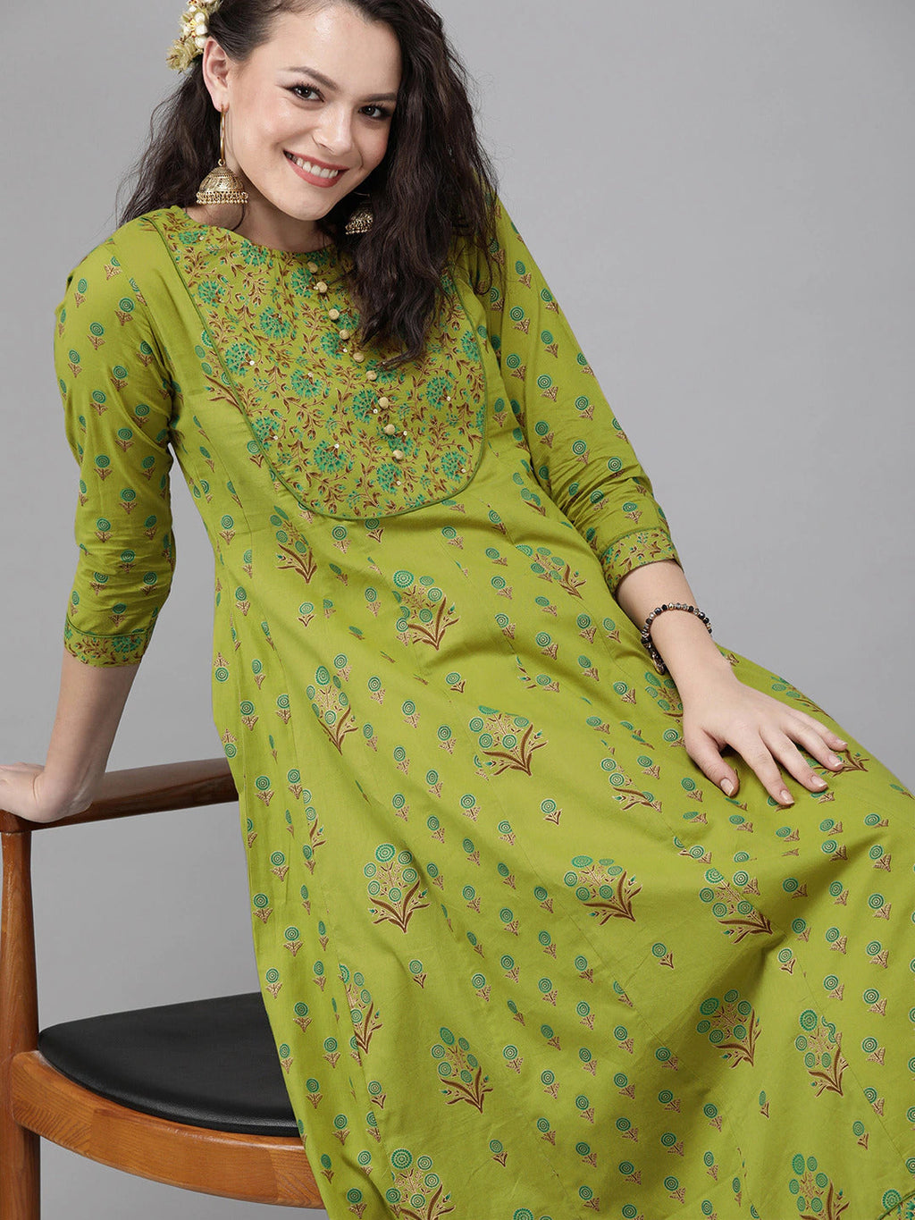 Yufta Women Green & Brown Printed A-Line Panelled Kurta | Grocsy