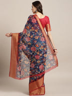 Saree Mall Navy Blue & Red Linen Blend Printed Saree | Grocsy