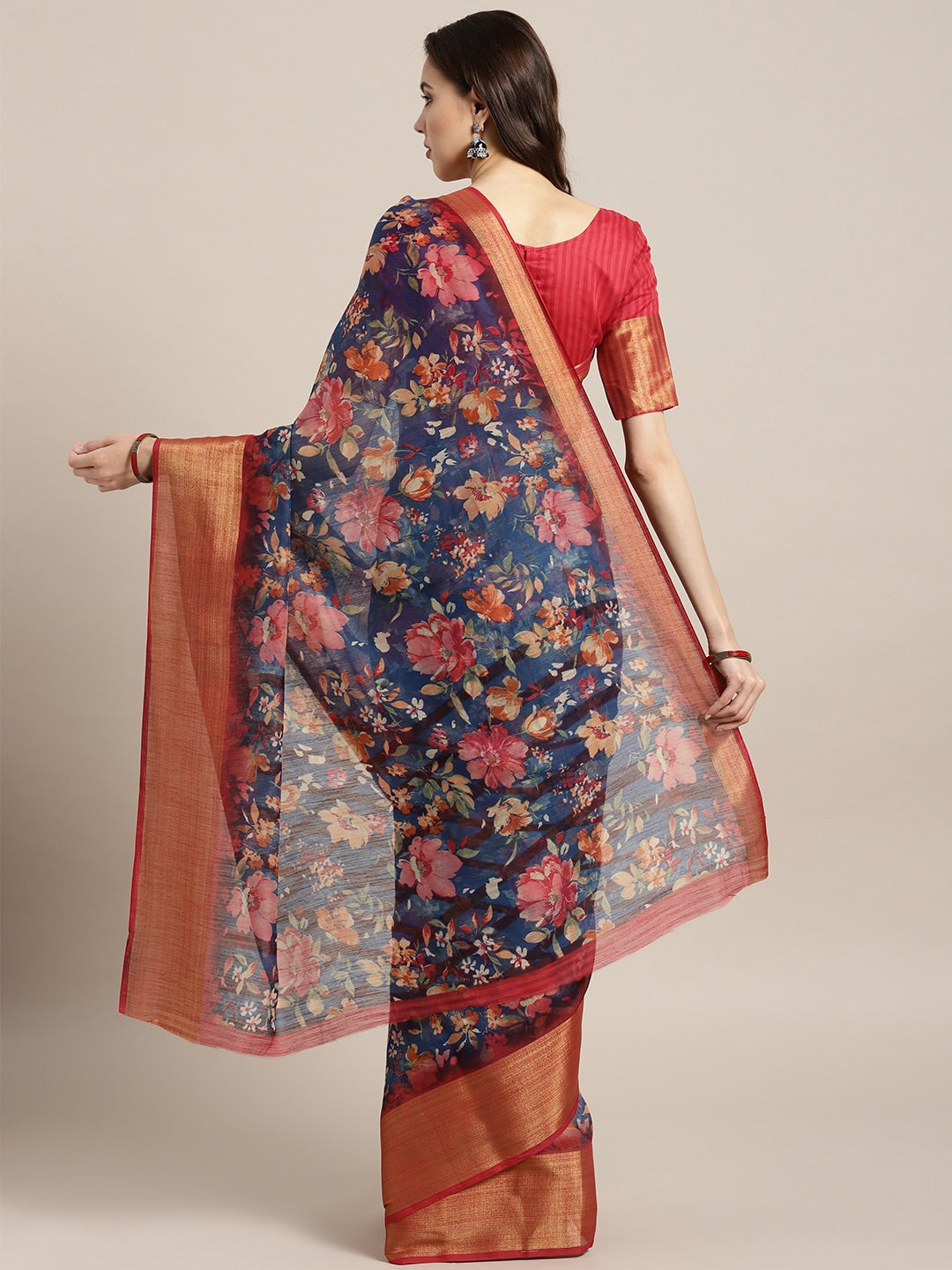 Saree Mall Navy Blue & Red Linen Blend Printed Saree | Grocsy