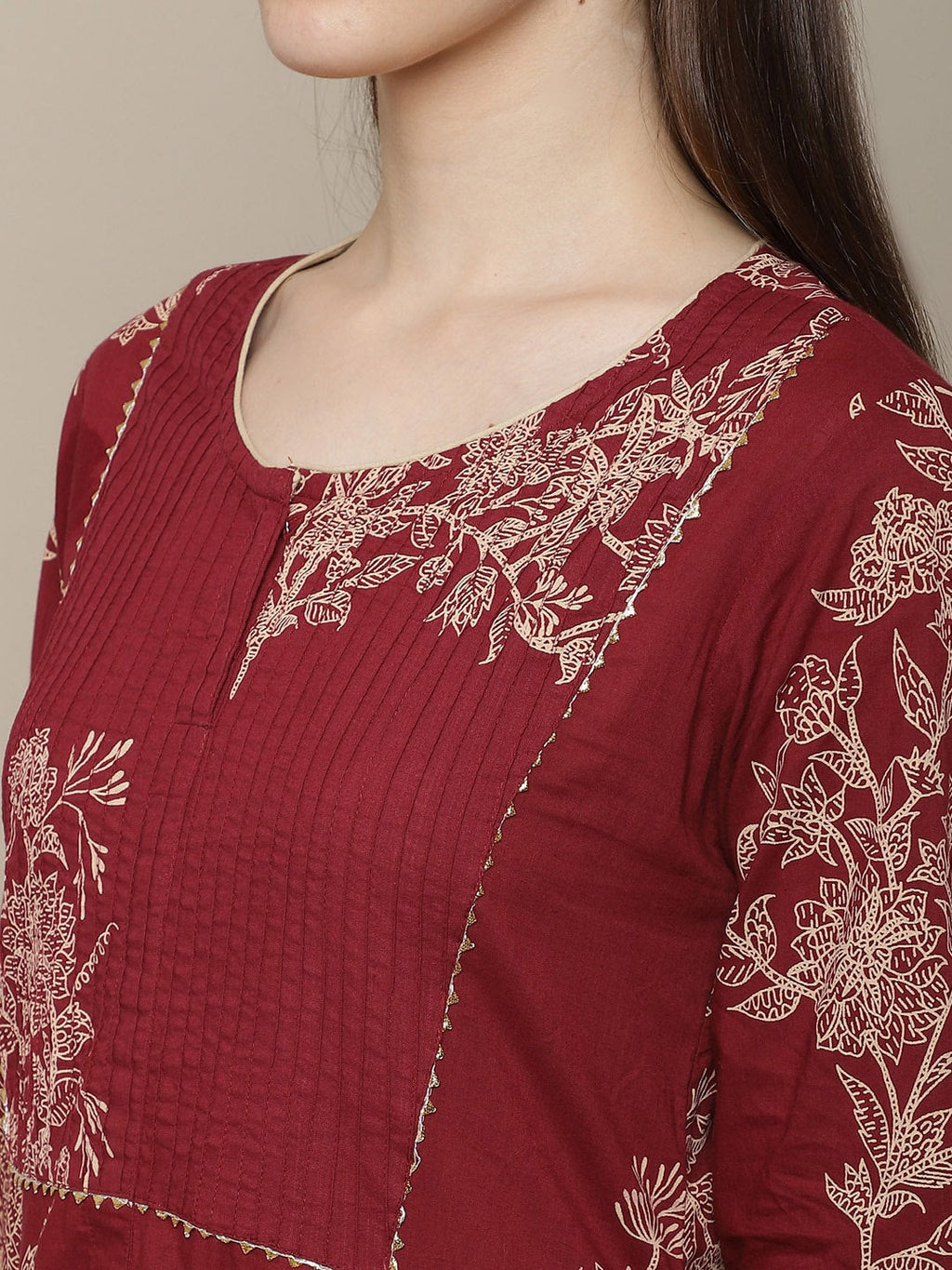 Sangria Women Maroon Floral Printed Pure Cotton Straight Kurta with Trousers | Grocsy