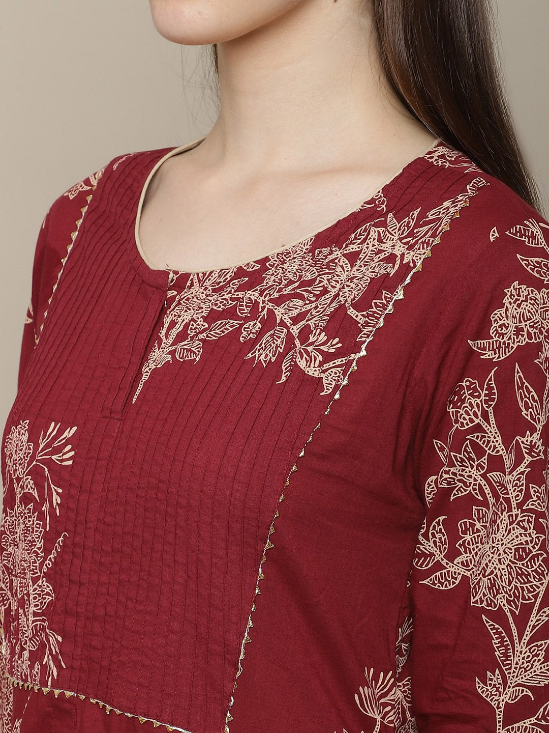 Sangria Women Maroon Floral Printed Pure Cotton Straight Kurta with Trousers | Grocsy
