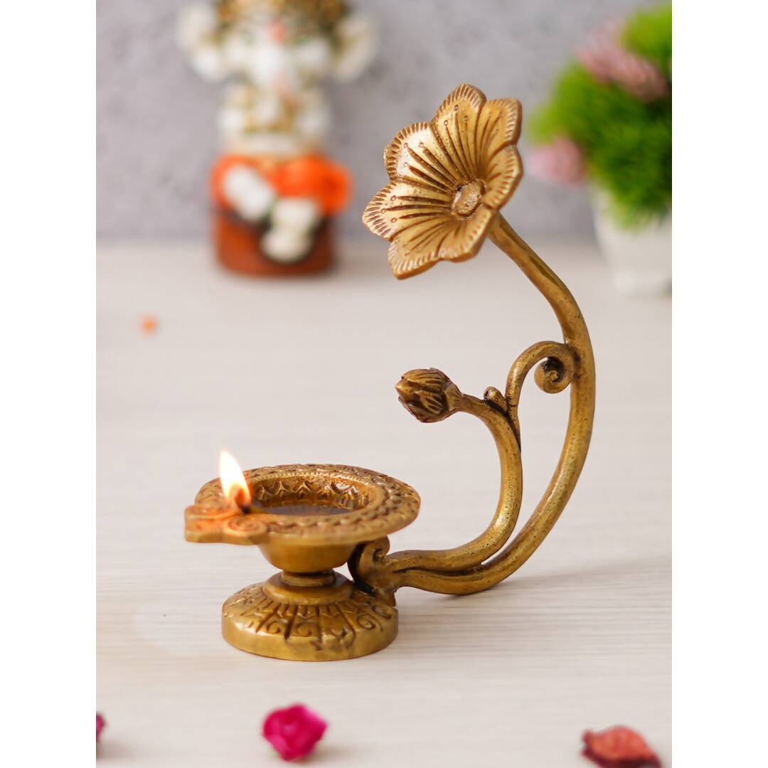 eCraftIndia Gold Toned Flower Shaped Brass Diya With Floral Handle | Grocsy