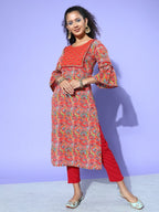 All About You Women Orange & Green Floral Printed Bell Sleeves Gotta Patti Kurta | Grocsy
