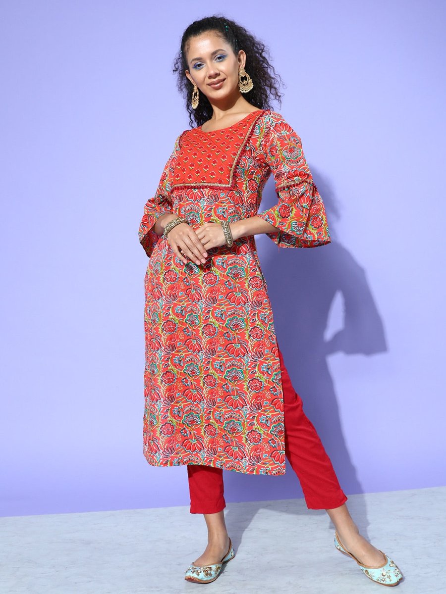 All About You Women Orange & Green Floral Printed Bell Sleeves Gotta Patti Kurta | Grocsy
