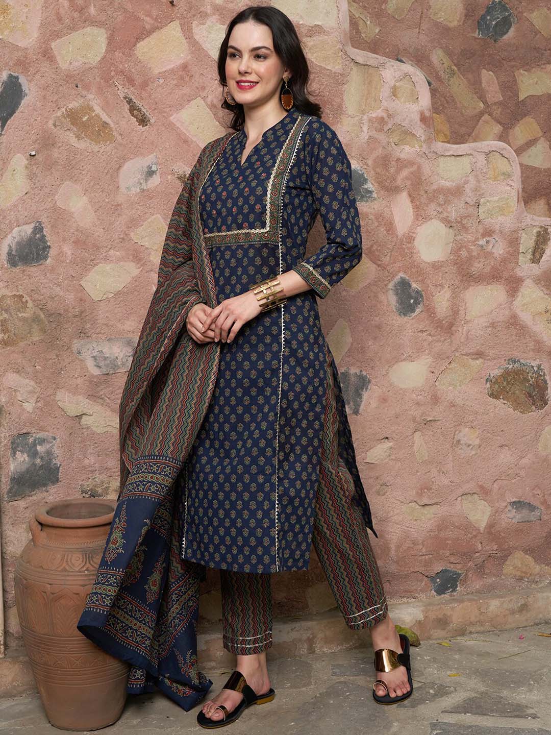 Sangria Printed Pure Cotton Kurta with Trousers & With Dupatta | Grocsy