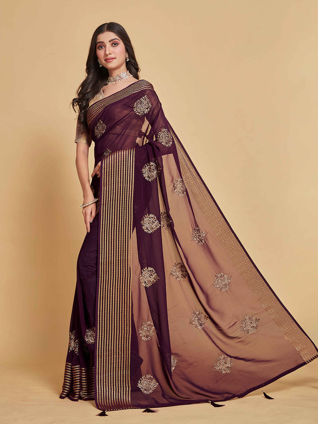 Sangria Coffee Brown Ethnic Motifs Embroidered Zari Pure Georgette Saree | Grocsy