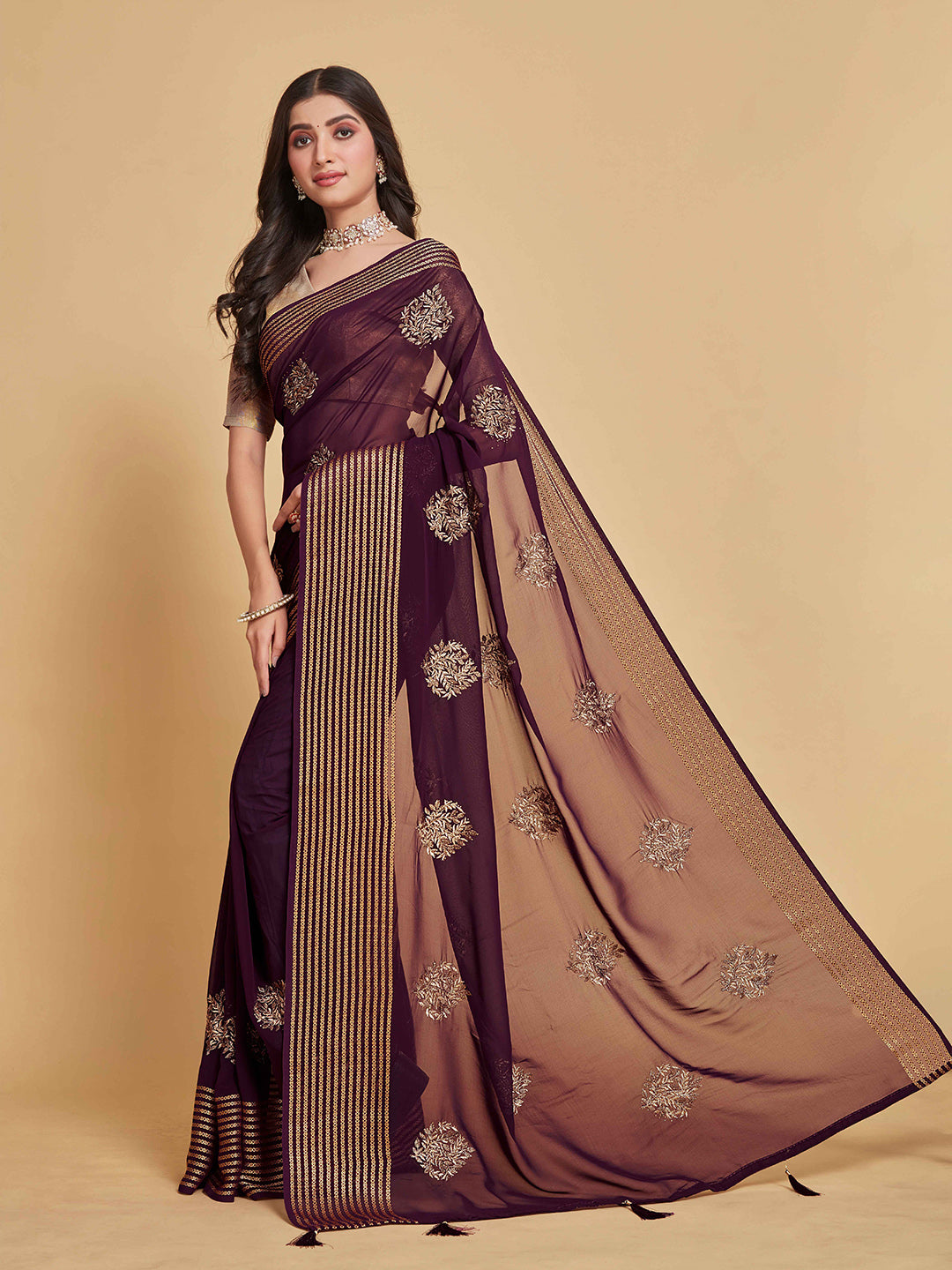 Sangria Coffee Brown Ethnic Motifs Embroidered Zari Pure Georgette Saree | Grocsy