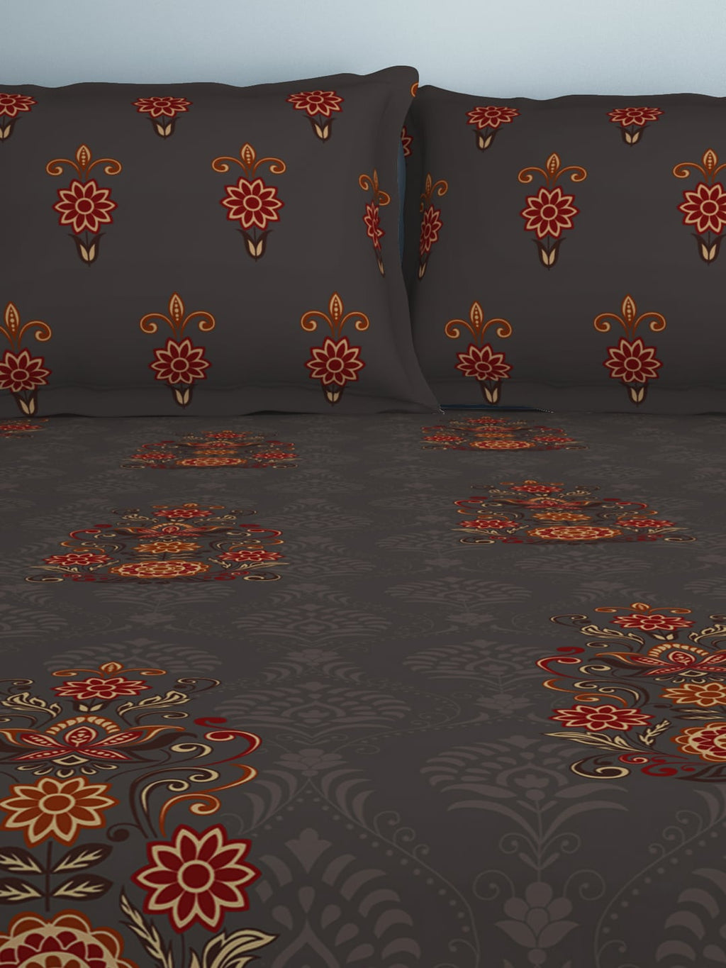 SPACES Aurum Grey Ethnic Motifs Pure Cotton 140 TC Queen Bedsheet with 2 Pillow Covers | Grocsy