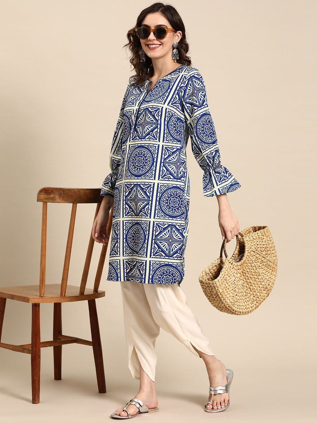 Sangria Ethnic Motifs Printed Puff Sleeves Kurta with Dhoti Pants | Grocsy