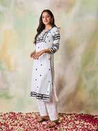 HOUSE OF KARI Notched Neck Floral Embroidered Chikankari Cotton Kurta | Grocsy