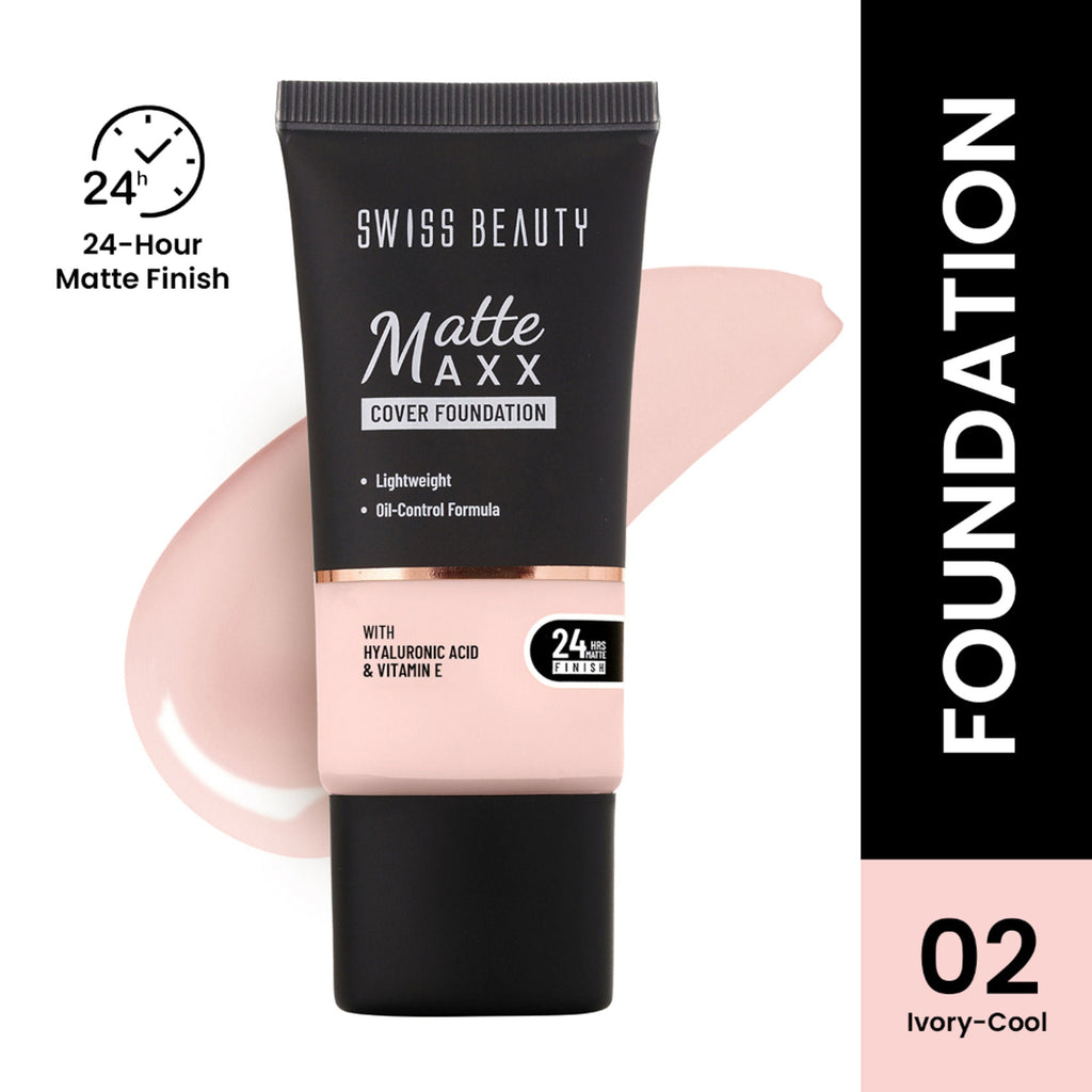 Swiss Beauty Matte Maxx Cover Foundation with Hyaluronic Acid & Vitamin E - 2 Ivory Cool | Grocsy