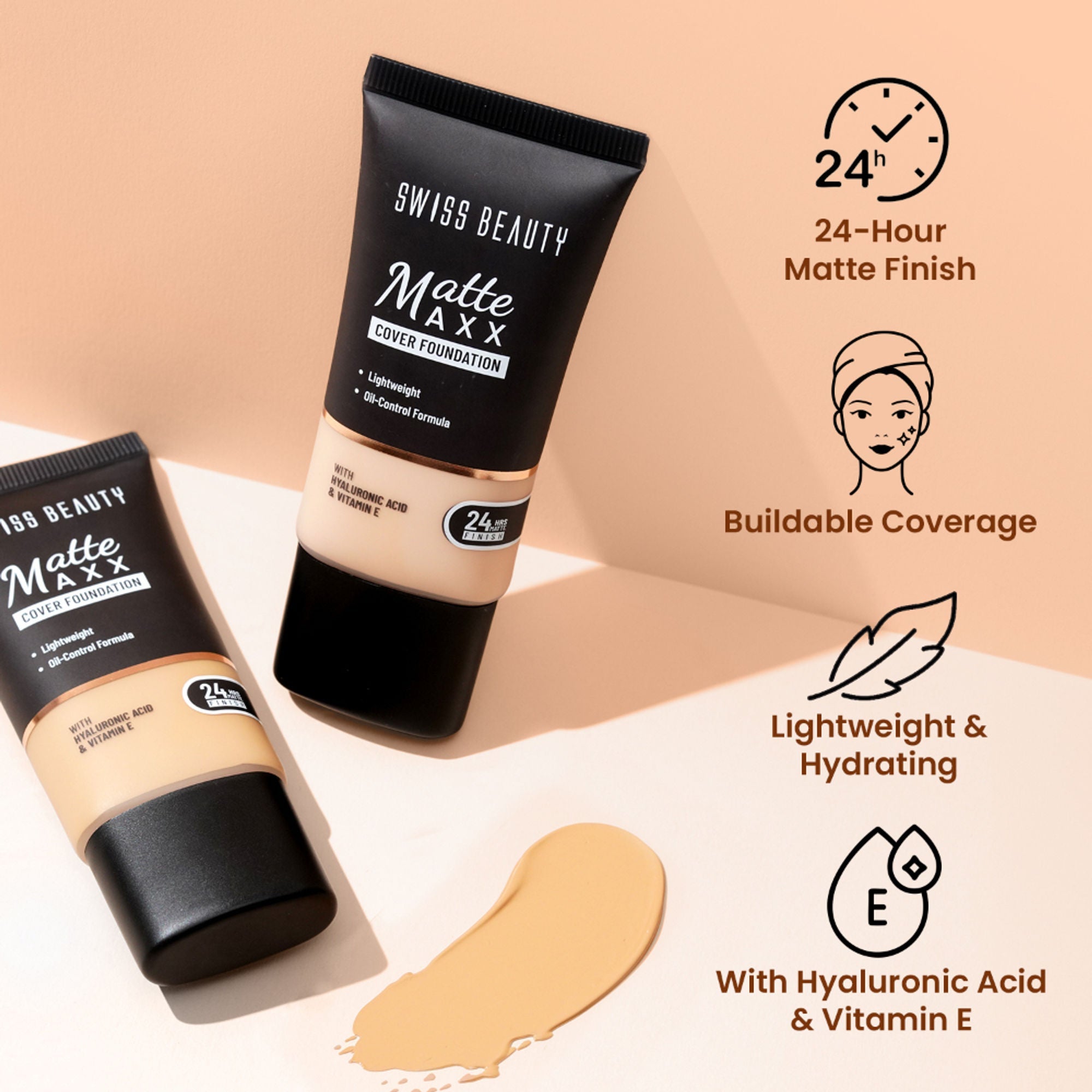Swiss Beauty Matte Maxx Cover Foundation with Hyaluronic Acid & Vitamin E - 2 Ivory Cool | Grocsy
