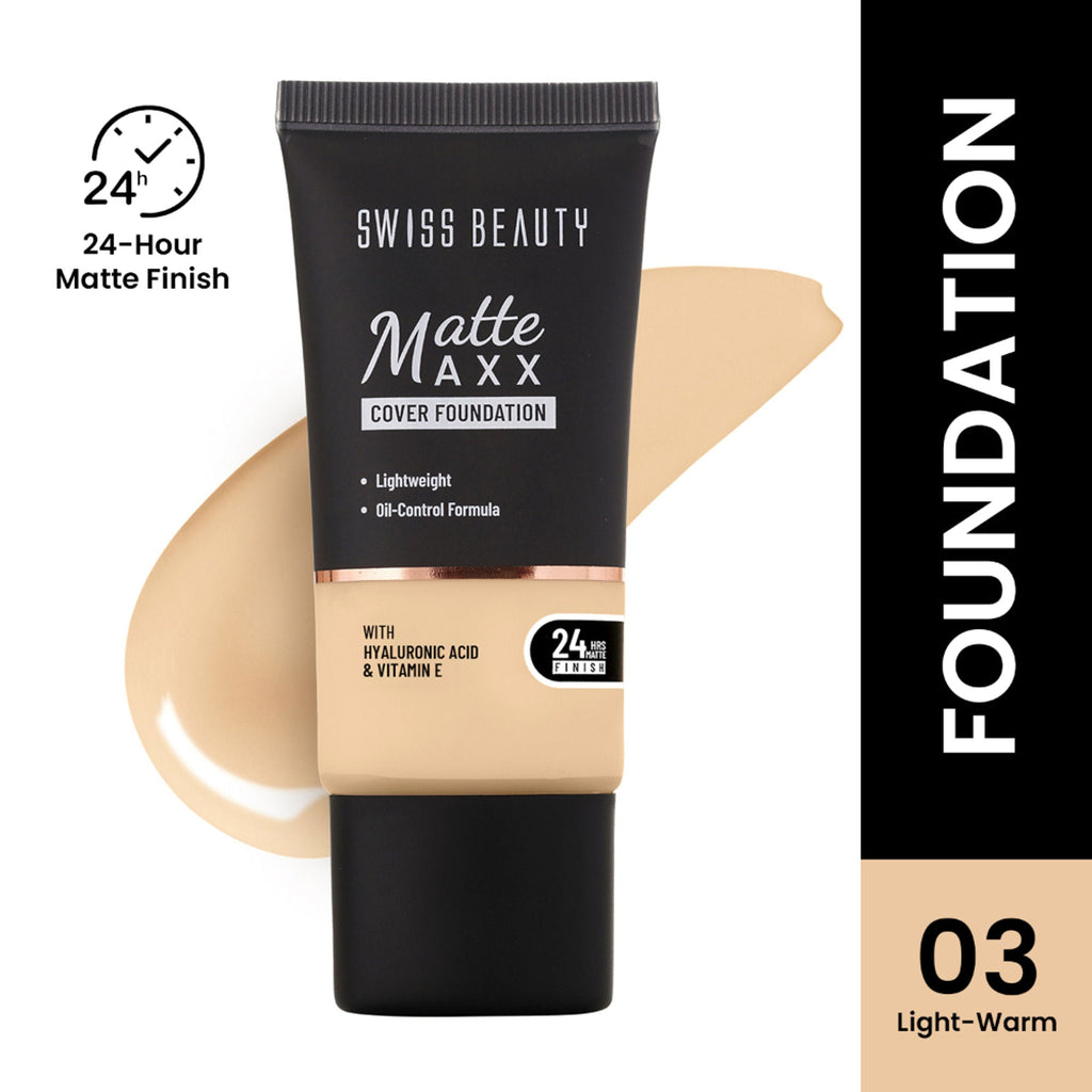 Swiss Beauty Matte Maxx Cover Foundation with Hyaluronic Acid & Vitamin E - 3 Light Warm | Grocsy