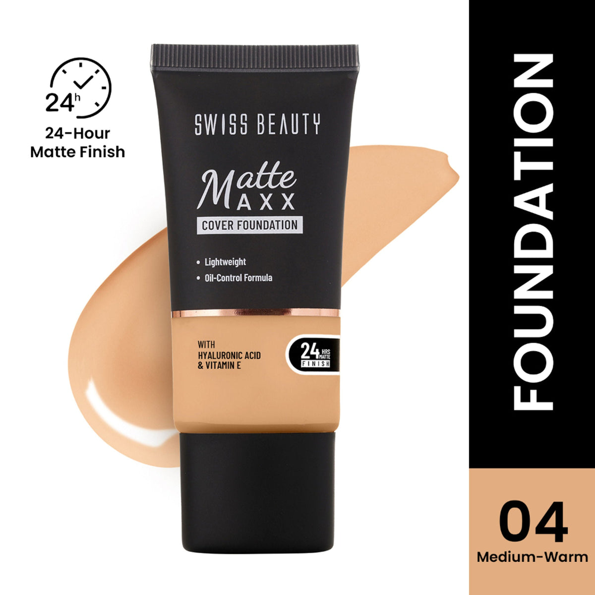 Swiss Beauty Matte Maxx Cover Foundation with Hyaluronic Acid & Vitamin E - 4 Medium Warm | Grocsy