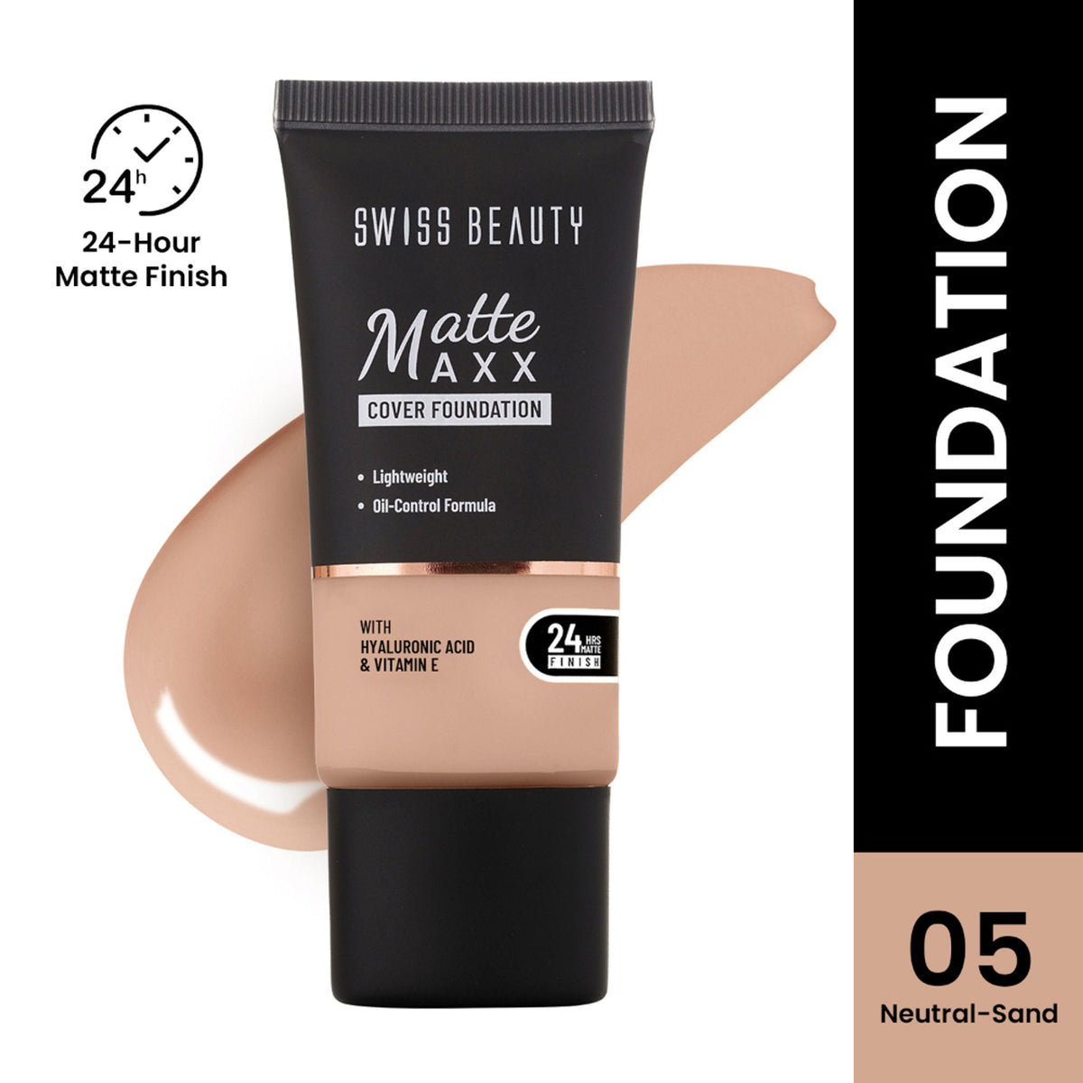 Swiss Beauty Matte Maxx Cover Foundation with Hyaluronic Acid & Vitamin E - 5 Neutral Sand | Grocsy