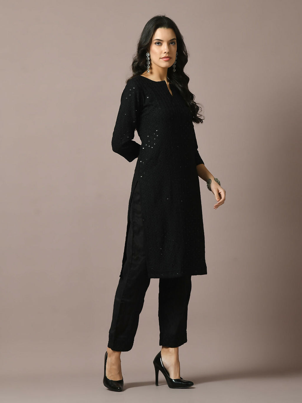 Myshka Women's Black Embroidered Cotton Straight Party Kurta Set | Grocsy
