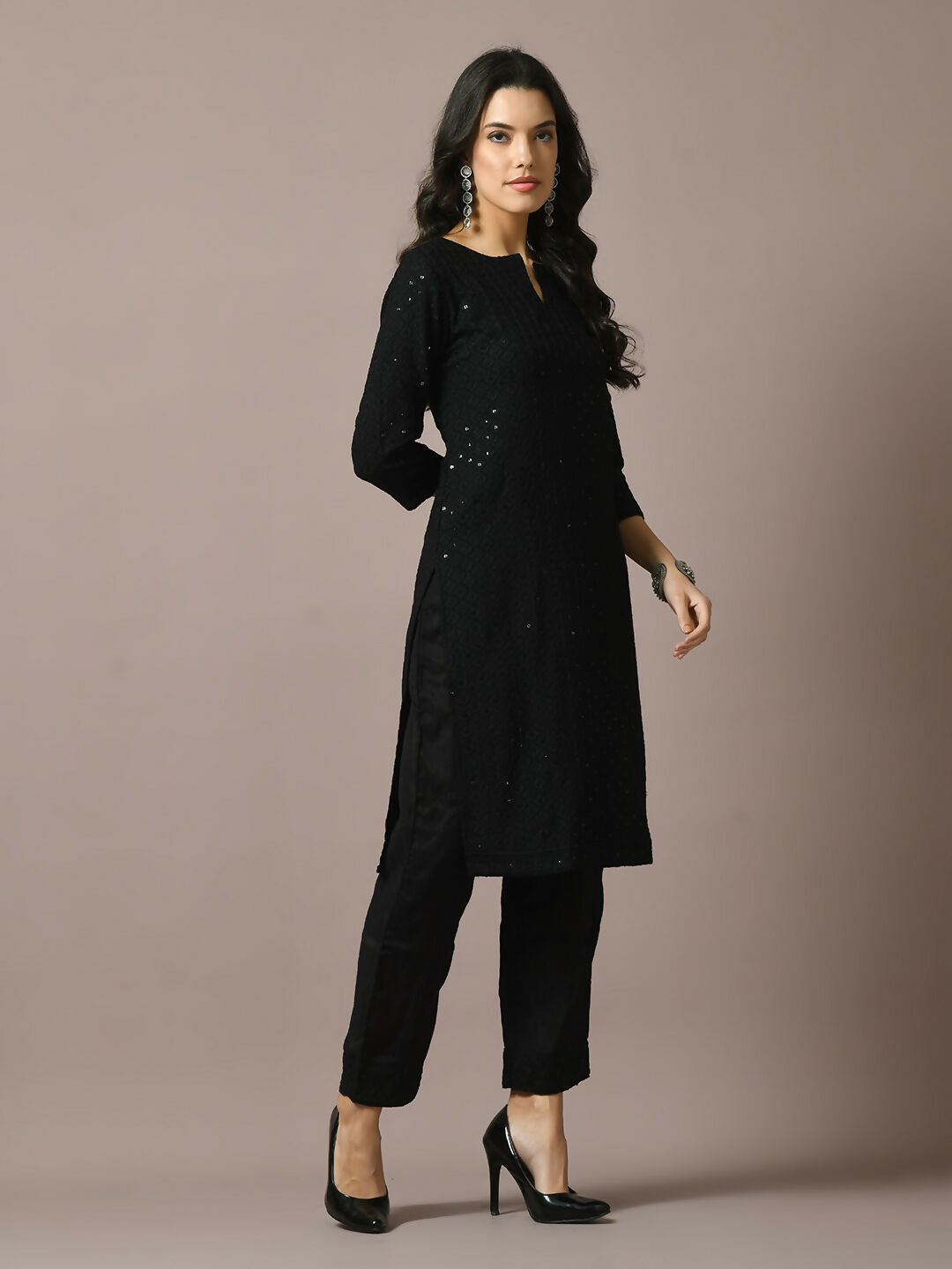Myshka Women's Black Embroidered Cotton Straight Party Kurta Set | Grocsy