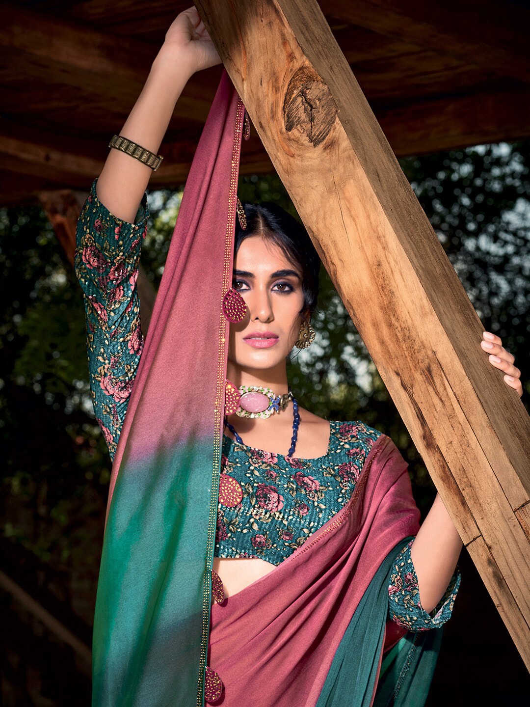Saree Mall Mauve & Turquoise Blue Ombre Embellished Sarees | Grocsy