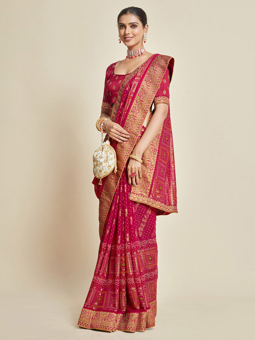 Sangria Pink Woven Design Zari Detail Poly Georgette Bandhani Saree | Grocsy
