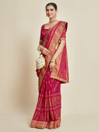 Sangria Pink Woven Design Zari Detail Poly Georgette Bandhani Saree | Grocsy