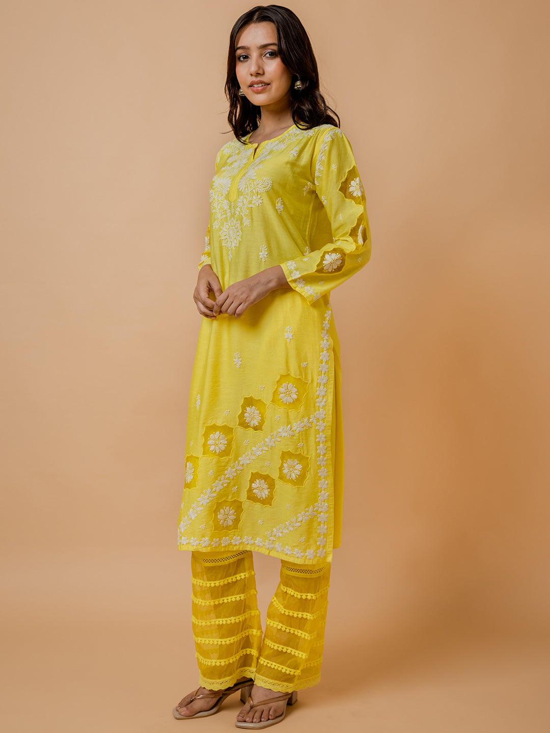 HOUSE OF KARI Ethnic Motifs Embroidered Round Neck Chikankari Chanderi Silk Kurta | Grocsy