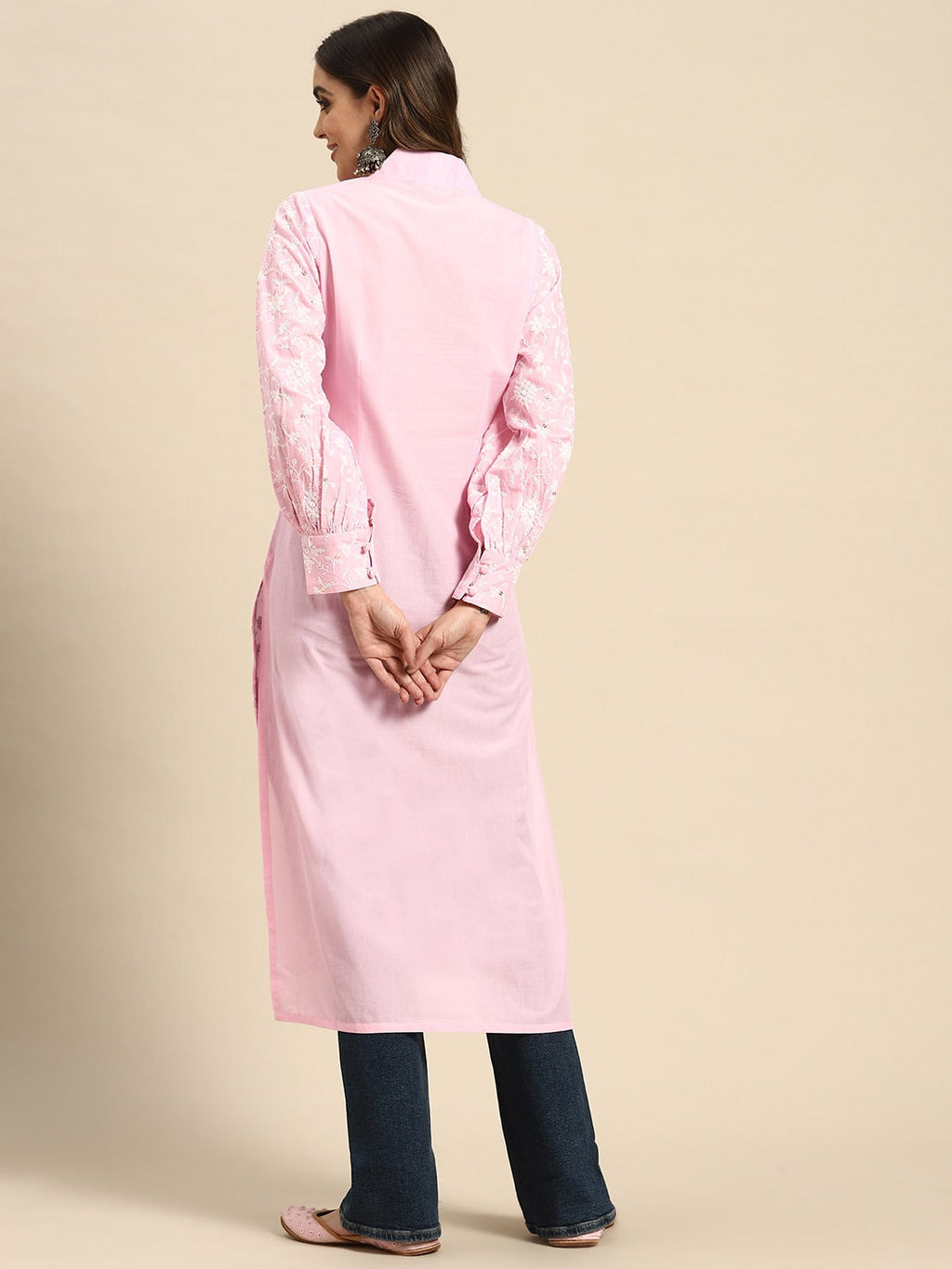 Sangria Floral Embroidered Puff Sleeves Cotton Kurta | Grocsy