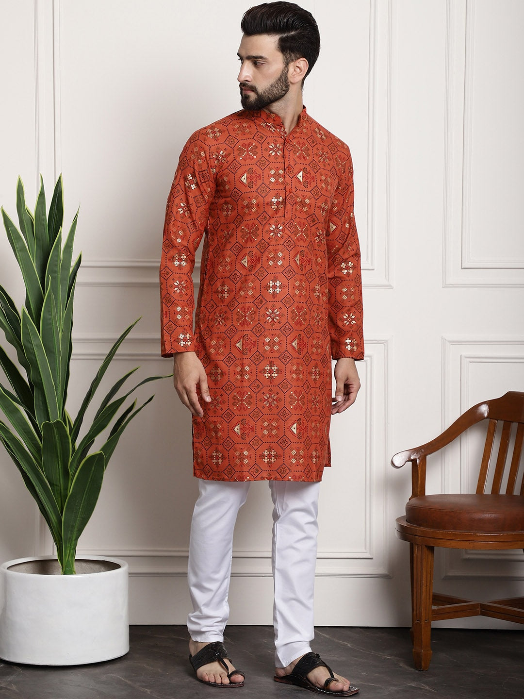 Sojanya Men Orange Printed Cotton Linen Kurta with Churidar | Grocsy