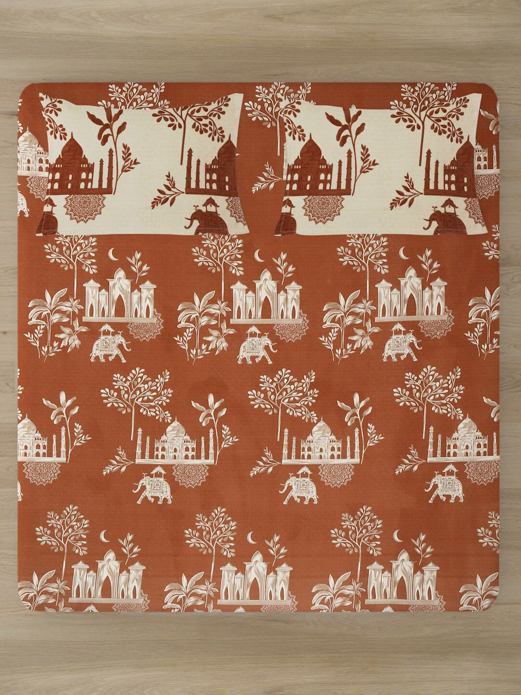 Rajasthan Decor Rust & Cream Printed Cotton 160 TC King Bedsheet with 2 Pillow Covers | Grocsy