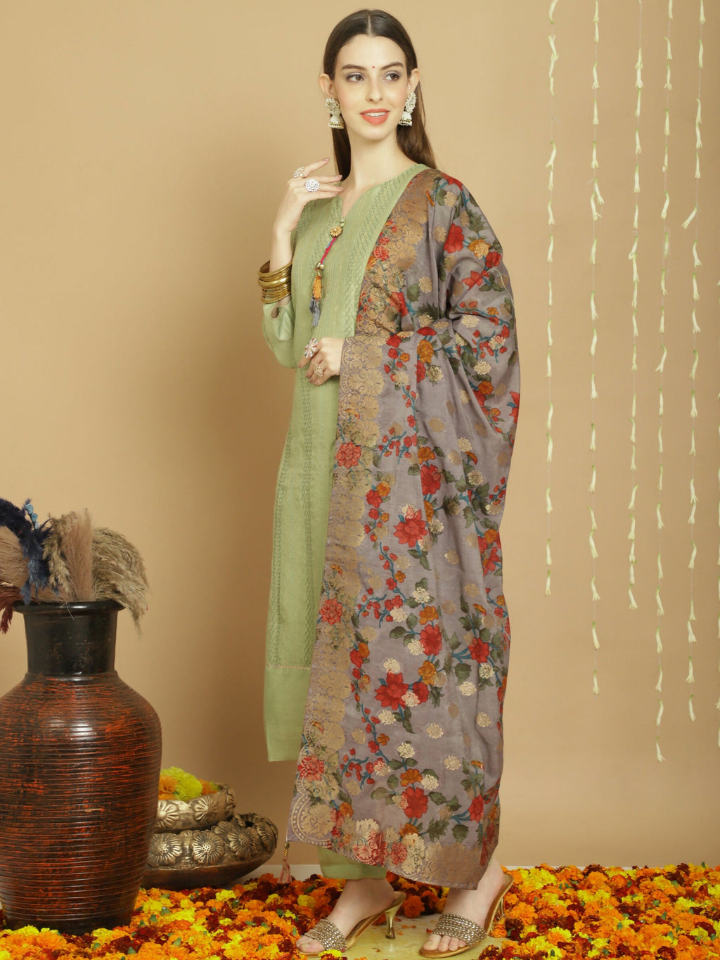 Jyoti Fashion Women's Green Chanderi Silk Elegant Jardoshi Semi Kurta with Trouser & Dupatta | Grocsy