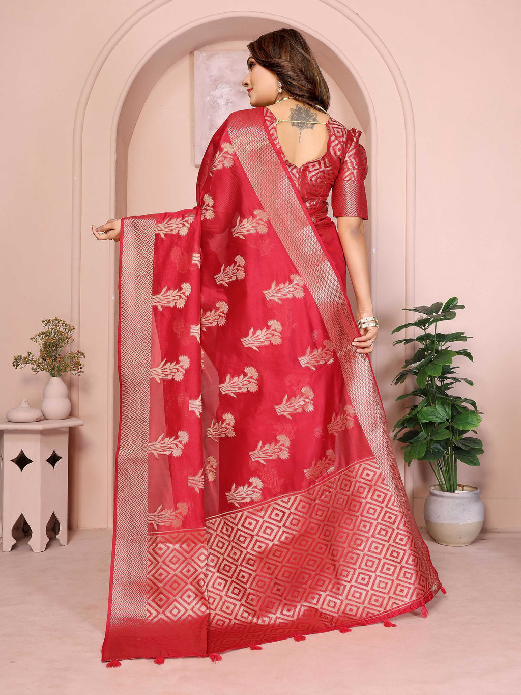 Aastha Fashion Red Soft Organza Silk Weaving Saree | Grocsy
