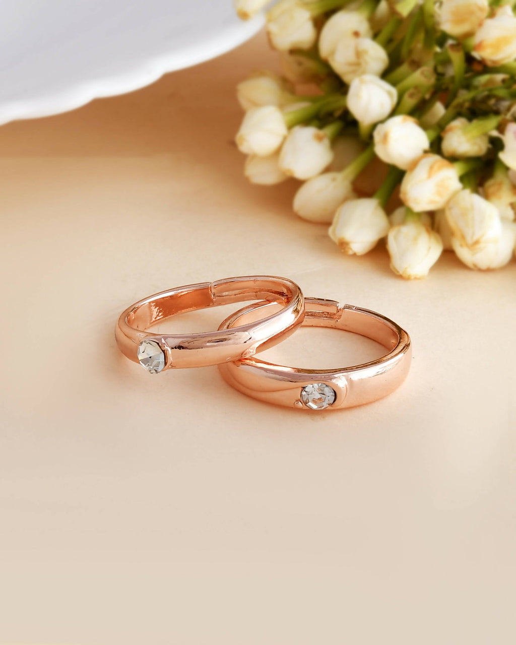 VOJ Stainless Steel Cubic Zirconia Rose Gold-Polished Adjustable Ring Set for Couple | Grocsy
