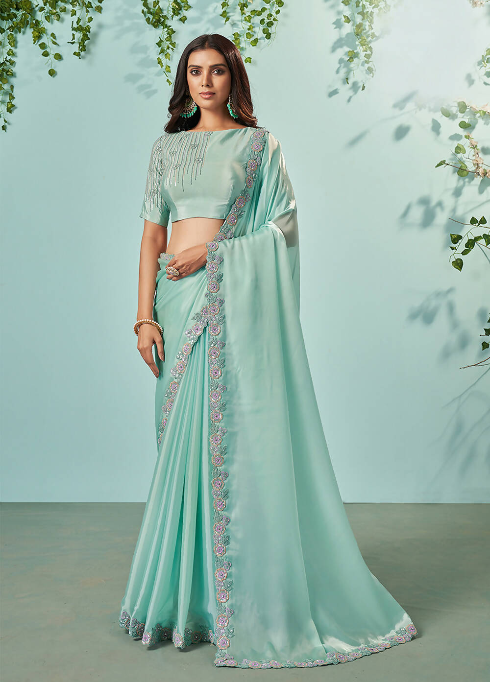 Sea Green Organza Silk Crepe Solid Saree With Unstitched Blouse Piece - Norita Ikshita | Grocsy