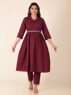 Aramya Maroon Linen Cotton Solid Print A-line Kurta Set for Women | Grocsy
