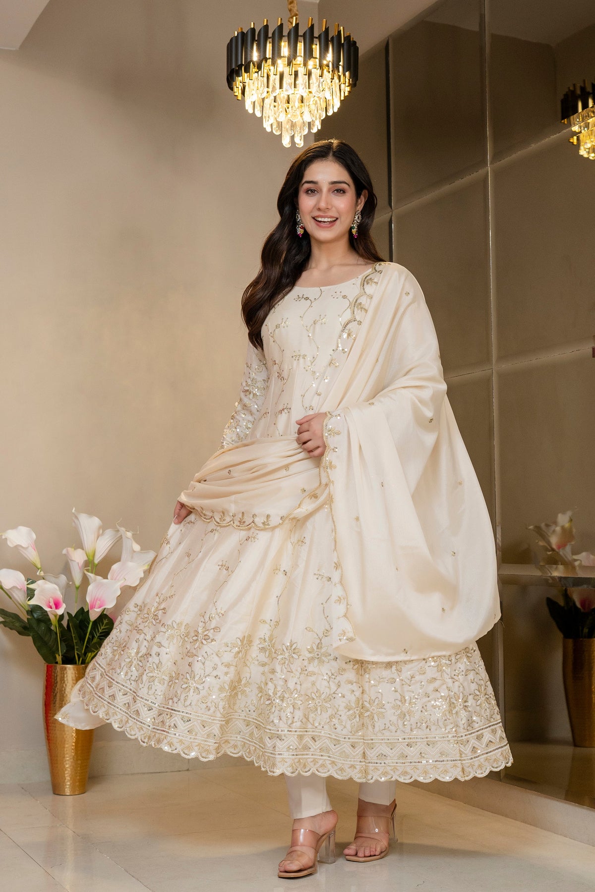 Yash Enterprise Cream Chinon Silk Party Wear Embroidery Suit Set | Grocsy