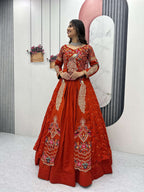 Yash Enterprise Orange Vichitra Silk Party Wear Embroidery Crop Top With Blouse Lehenga Choli | Grocsy